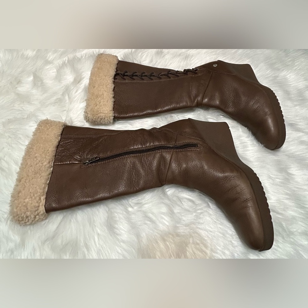 UGG Felicity Brown Shearling-Lined Mid Calf Lace Leather Wedge Boots - Picture 2 of 15